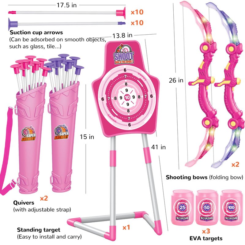 GMAOPHY 2 Pack Bow and Arrow Toy for 5 6 7 8 9 10 11 12 Year Old Boys, Birthday for Kids, Indoor Outdoor Sport Games Toys for Ages 4-8 8-12, LED Light Up Archery Set with 20 Toy Arrows (Pink)