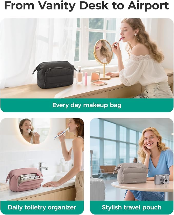 BAGSMART Travel Makeup Bag, Cosmetic Bag Small Make Up Organizer Case,Wide-open Pouch for Women Purse for Toiletries Accessories Brushes,Large Beige