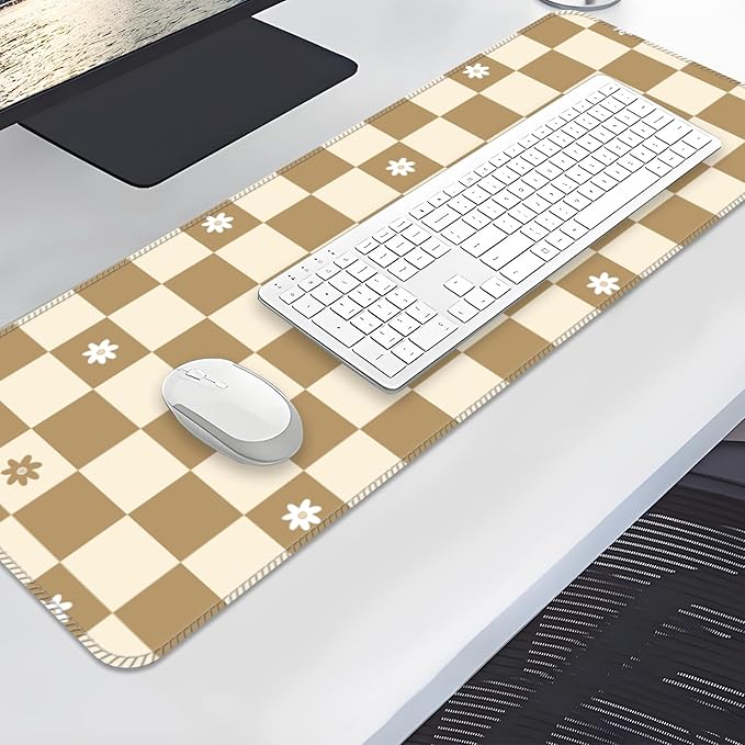 Desk Mat,Big Desk Pad,31.5 x 11.5in Extended Gaming Mouse Pad,Large Mouse Pad for Desk Rubber Base Mousepad with Stitched Edges,Keyboard Mouse Mat for Work Game Office Home - Beige Chessboard Flower