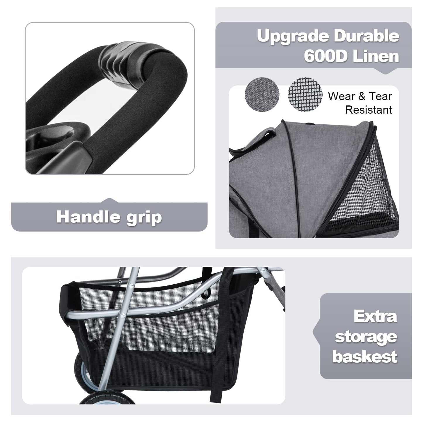 BestPet Pet Stroller Dog Cat Jogger Stroller for Medium Small Dogs Cats Folding Lightweight Travel Stroller with Cup Holder (Grey, 3 Wheels)