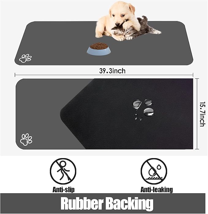 Large Pet Feeding Mat, 39.3"x15.7" Absorbent Quick Dry Dog Mat for Food and Water Bowl, Non Skid Cat Bowl Mat, No Stains for Pet Water Dispenser Pet Supplies for Messy Drinkers