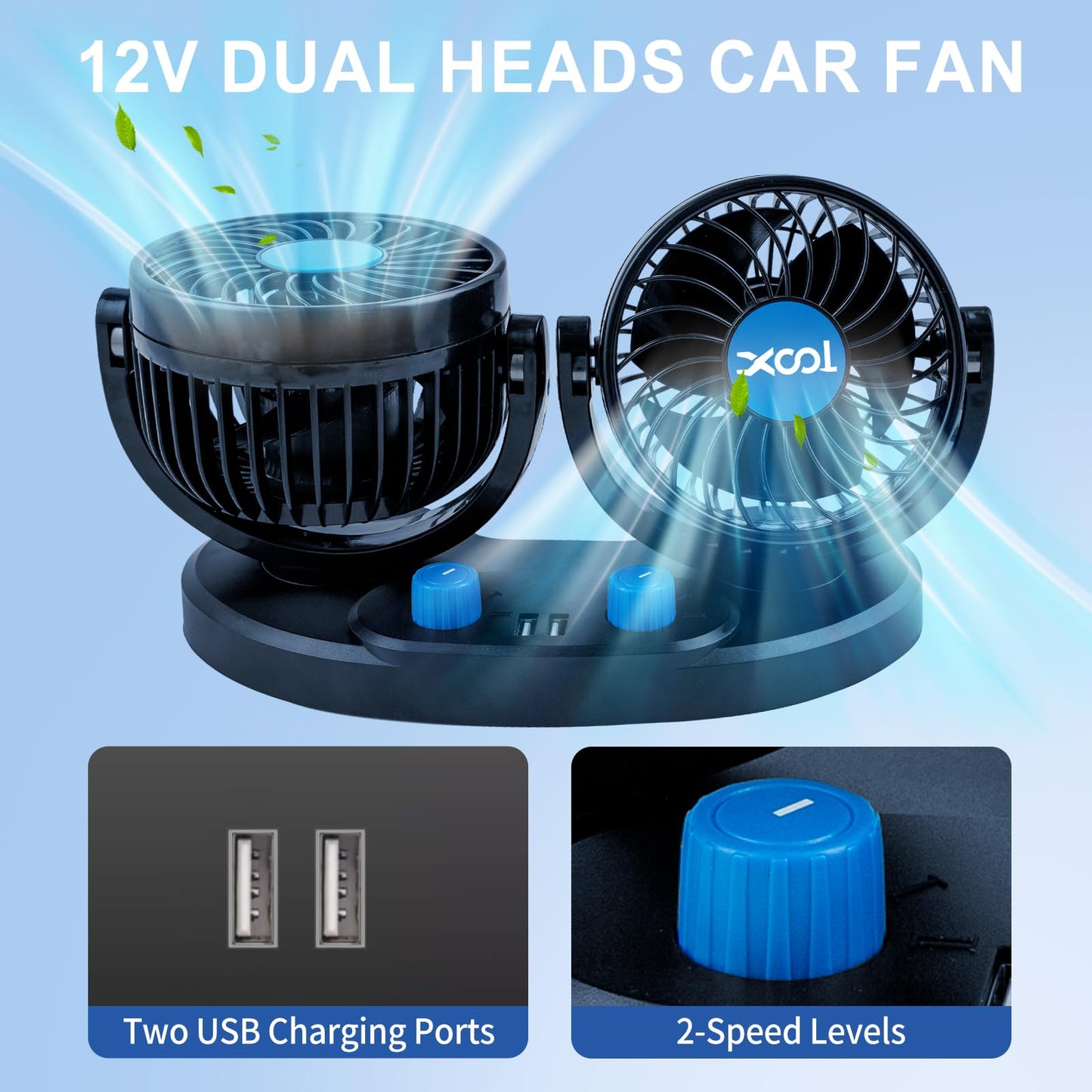 XOOL 12V Dual Head Car Fan – 2-Speed 360° Rotatable Cooling Fan with 2 USB Charging Ports Quiet Strong Airflow for Truck, Van, SUV, RV & Boat