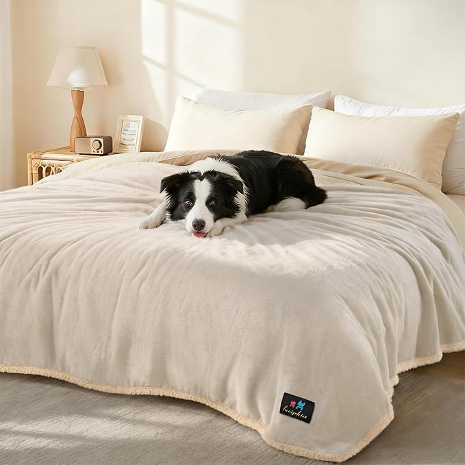 Luciphia Waterproof Pet Blankets, Liquid Pee Proof Dog Blanket for Sofa Bed Couch, Reversible Sherpa Fleece Furniture Protector Cover for Small Medium Large Dogs Cats, Dark Beige King Size（100" x 85"）