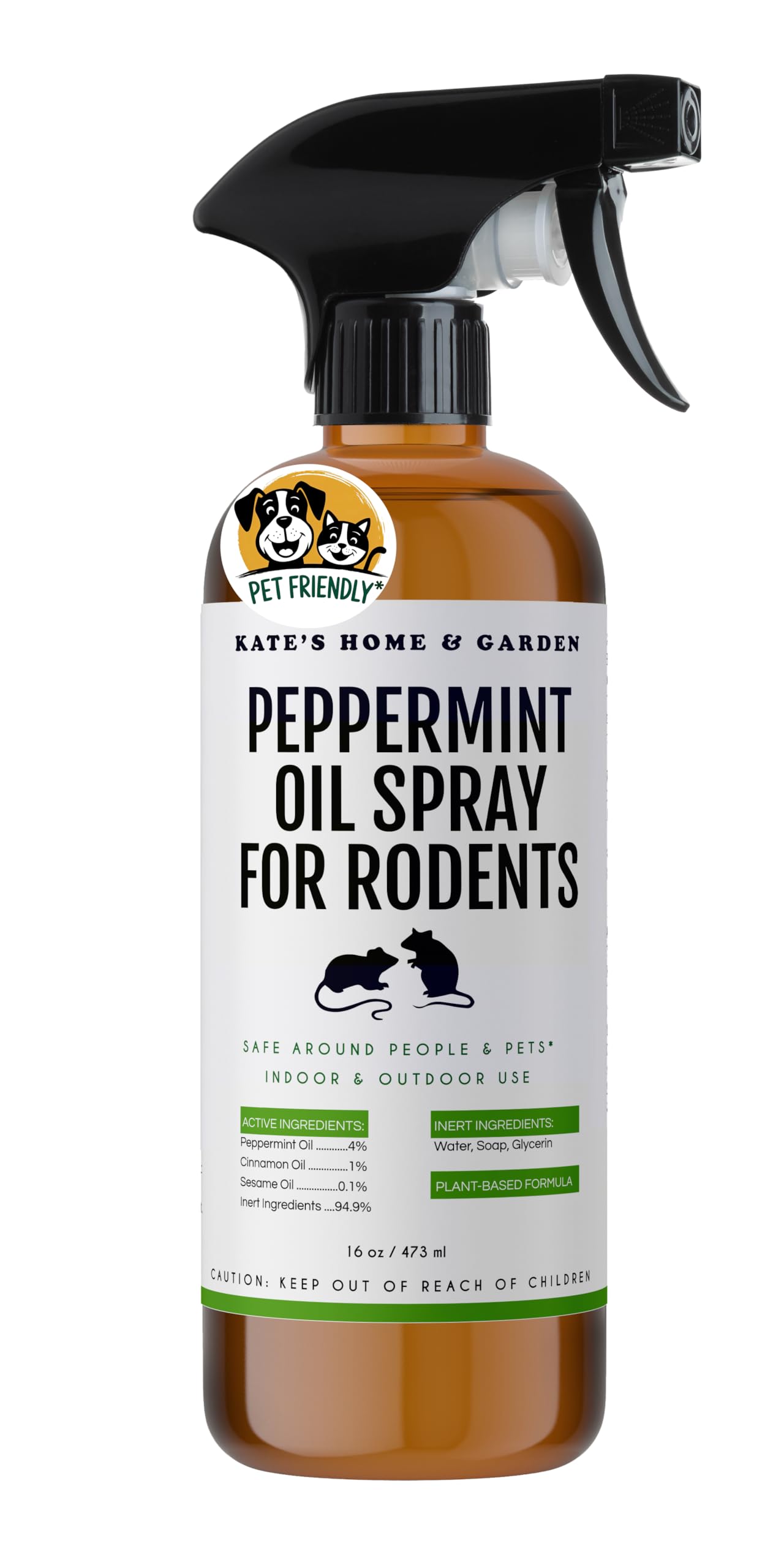 Kate Naturals Peppermint Oil Spray for Rodents, Squirrels, Mouse, Bat, Rat, Car Engines, Mice (16oz, Non-Toxic Rodent Repellent, Pet Safe)