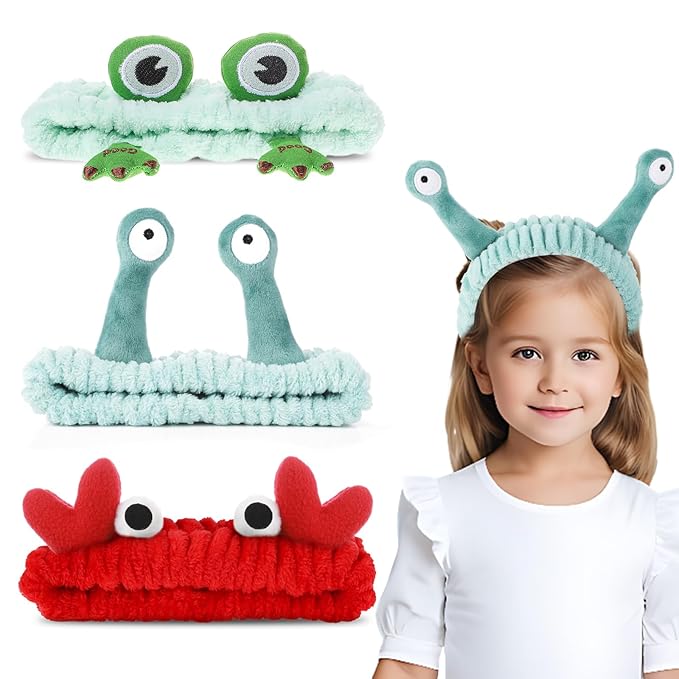 3 Pack Spa Headband Face Wash Hairband Facial Makeup Head Wraps Cartoon Elastic Head Band Cute Frog Snail Crab Shower Headband Creative Hair Accessories for Beauty Skincare Sports