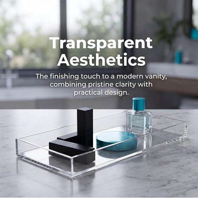 Peohud 3 Pack Acrylic Bathroom Trays, Clear Vanity Tray for Toilet Tank, Decorative Countertop Organizer for Perfume, Makeup, Cosmetics, Jewelry, Soap, Candle, Plant, 12 x 5.1 x 1.2 Inches