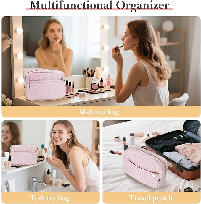 Noozion Makeup Bag Travel Toiletry Bag, Puffy Padded Cosmetic Bag for Women, Makeup Organizer Case, Wide-open Pouch Purse, Travel Essentials