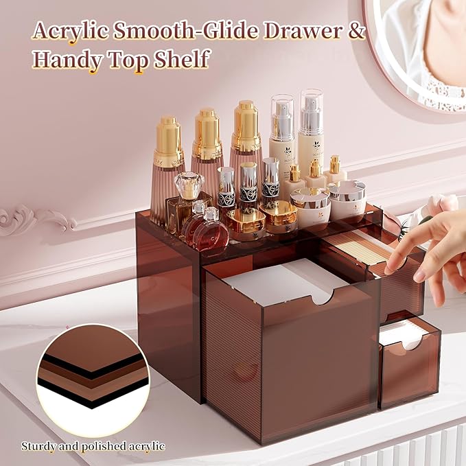 Youdepot Amber Acrylic Face Towel Holder with 3 Drawers, Disposable Face Towel Organizer for XL Facial Towels, Cotton Pads, Swabs, Skincare Tools, Bathroom Vanity Countertop Storage Box.