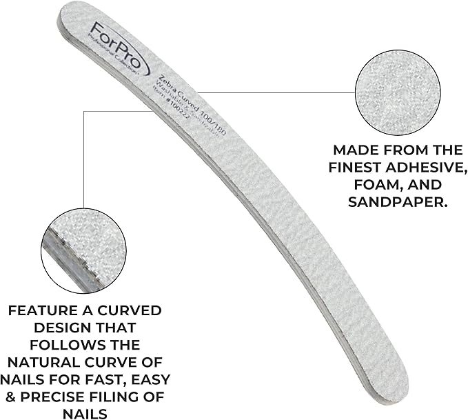 ForPro Professional Collection Zebra Curved Foam Board, 100/180 Grit, Double-Sided Manicure and Pedicure Nail Files, 7” L x .75” W, 50-Count
