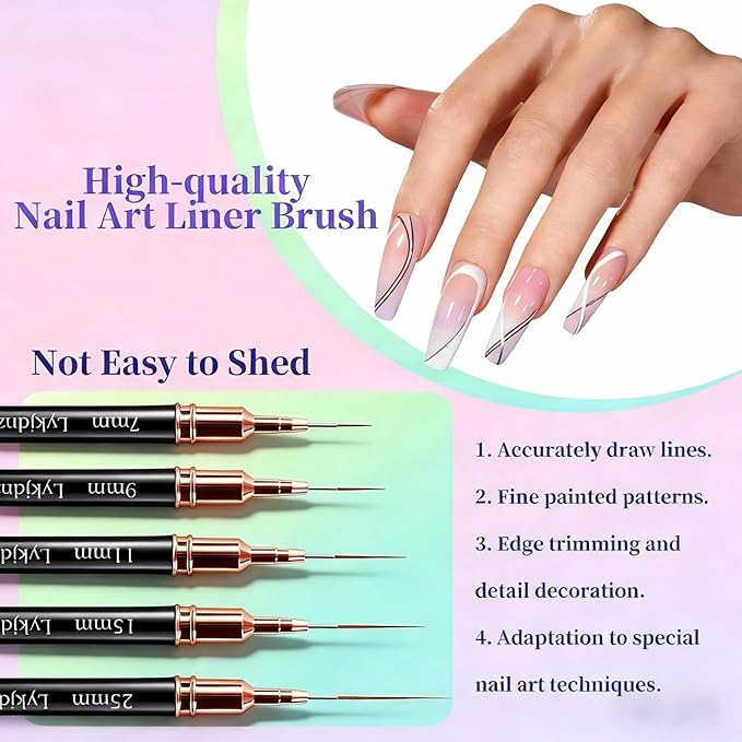 5Pcs Nail Art Liner Brushes, Liner Brush for Nails Gel, Thin Nail Art Brush, Sizes 7/9/11/15/25 mm, 3Pcs Nail Art Clean Up Brushes for Nail Design Painting DIY and Clean Polish Mistake On The Cuticles