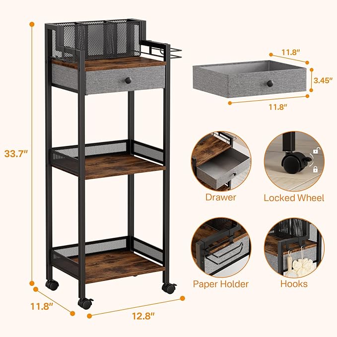Bathroom Shelves with Drawer, 3 Tier Metal Rolling Standing Unit Storage Organizers with Toilet Paper Holder, Multifunctional Floor Corner Rack for Cosmetic, Dryer Curling Irons 12.8in Wide