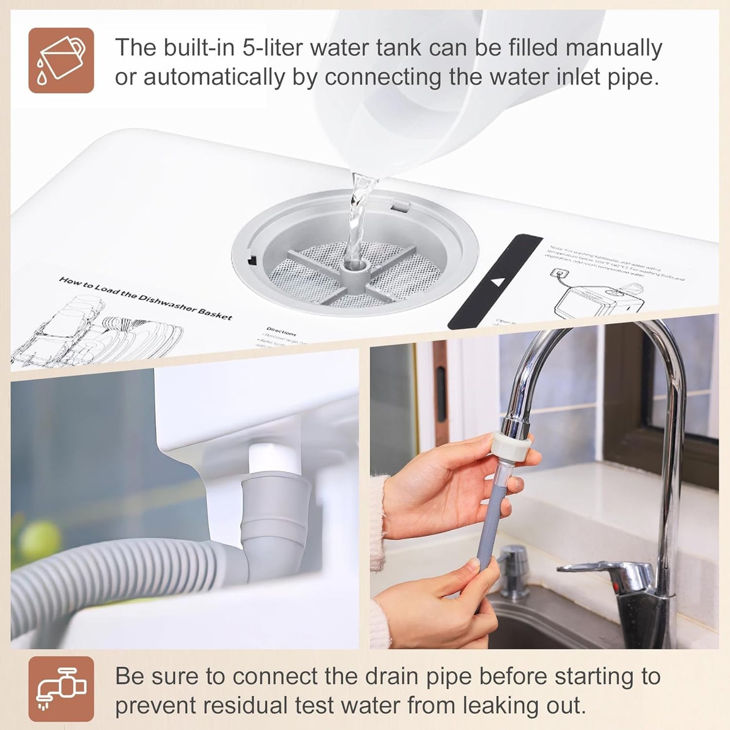 Countertop Dishwasher Tabletop Dishwasher With Water Tank, Mini Dishwasher With 5 Programs, With 360° Double Spray, Air Drying Function.