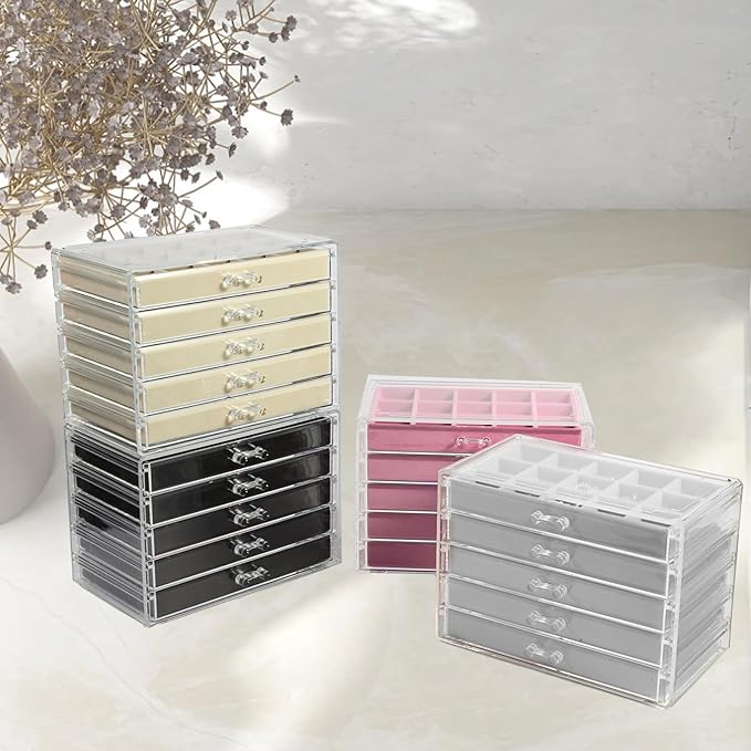 5 Drawers Clear Jewelry Box for Women and Girls, Acrylic Earring Holder Organizer Ring Holder Display Storage, Pink