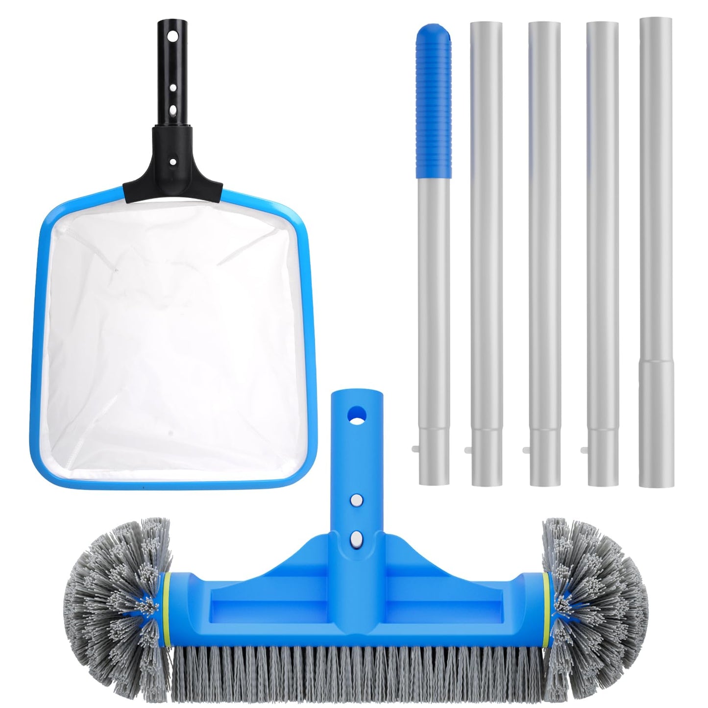 TidyMister 3PCS Cleaning Kit - 12.5'' Brush With Round End & 11'' Skimmer Net Fine Mesh & 5.7 Feet Thick Aluminum Pole 5-Segment, for Above Ground & Inground Pools Ponds