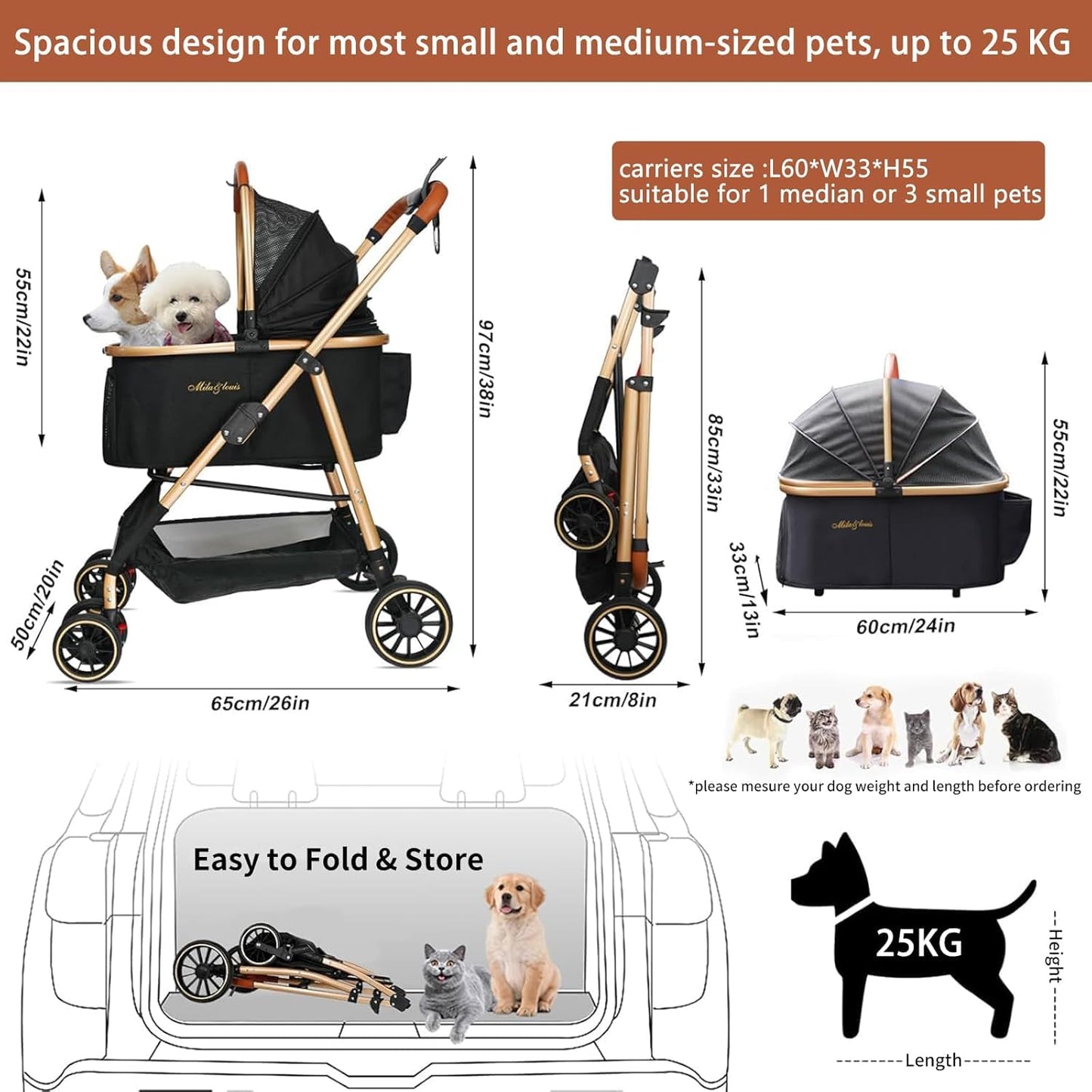 MILA&LOUIS Dog Stroller, 24" Pet Cradle, Lightweight & Stylish Pet Stroller for Small and Medium Pets, 33 Lbs Capacity with Cup Holder, Hook, Detachable Aluminum Cradle (Black)