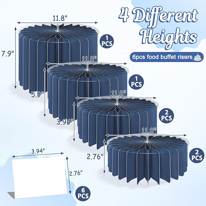6Pcs Buffet Risers, Food Risers for Table, Foldable Cake Display Stands, Tall Cardboard Cupcakes Stand for Show Catering Desserts Jewelry Wedding Birthday Party Decoration (Blue)