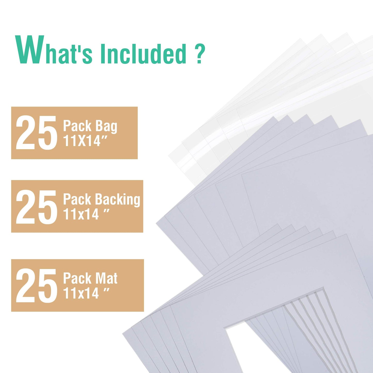 Falling in Art Acid Free 25 Pack 11x14 Pre-Cut Mat Board Show Kit for 8x10 Photos, Prints or Artworks, 25 Core Bevel Cut Matts and 25 Backing Boards and 25 Crystal Plastic Bags, White