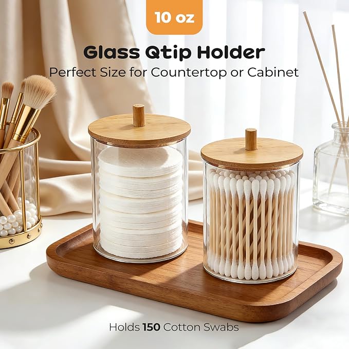 Glass Qtip Holder Dispenser Set - 10oz Cotton Swab Holder with Bamboo Lids, Bathroom Canisters Apothecary Jar Vanity Storage Organizer for Cotton Balls Pads, Floss Picks (4 Pack)