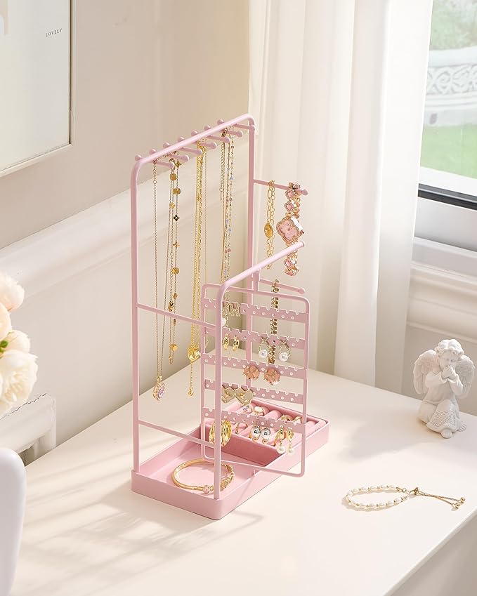 ProCase Jewelry Stand Holder Organizer, Jewelry Display Storage with Ring Tray, No-Assembly Needed, Rotating Earring Bracelet Necklace Holder, Christmas Gifts Room Dorm Decor for Teen Girls -Pink