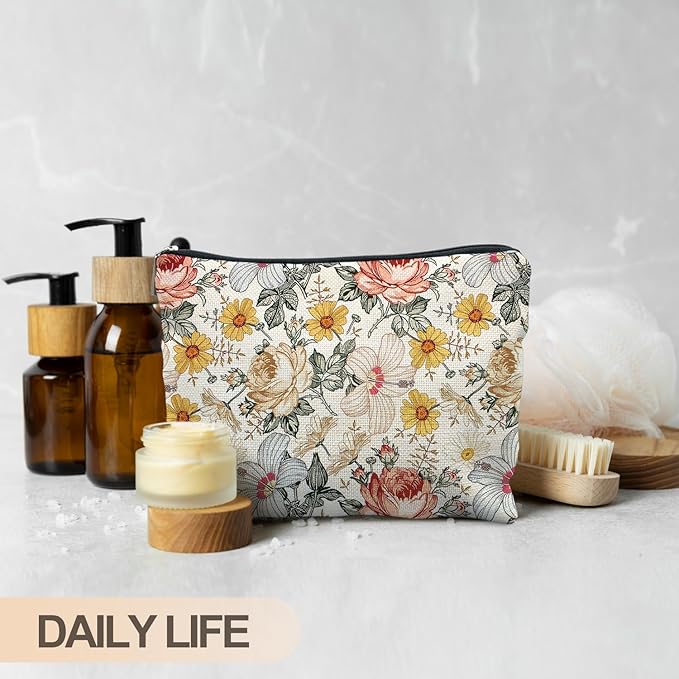 Floral Makeup Bag, Vintage Floral Pouch for Women, Aesthetic Makeup Bag, Flower Gifts for Women, Gifts for Flower Lovers, Colorful Garden Flowers Makeup Pouch
