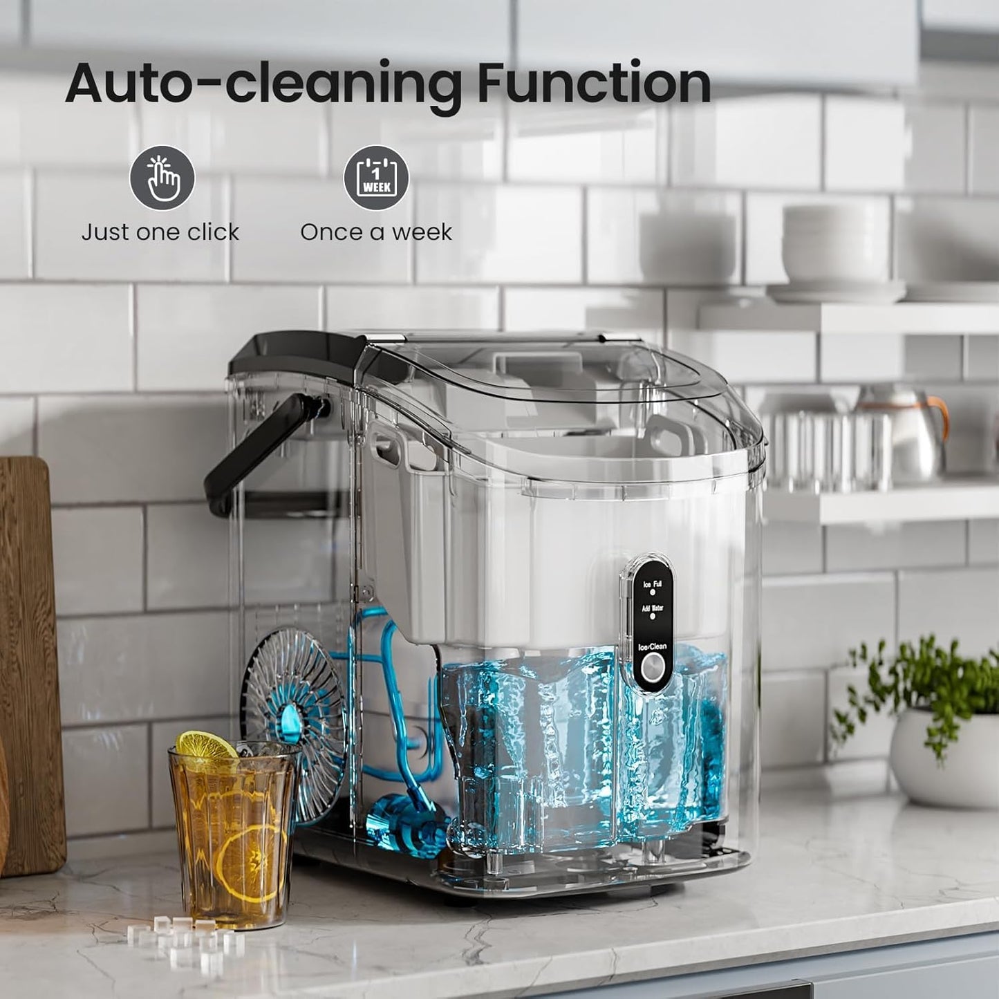 AGLUCKY Nugget Ice Makers Countertop with Handle, Portable Pebble Ice Machine with Soft Chewable Ice,Self-Cleaning,One-Click Operation for Home/Kitchen (Dark Black)