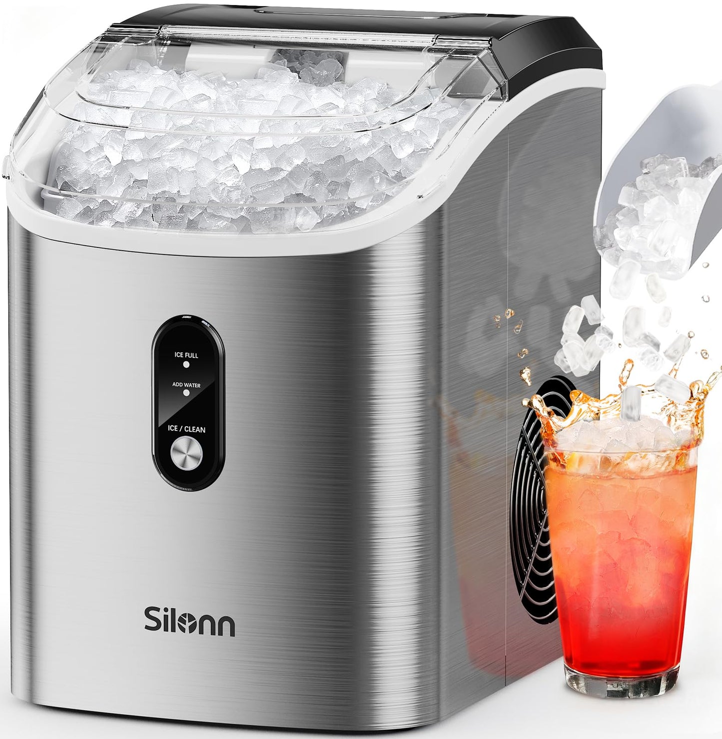 Nugget Ice Maker Countertop, Silonn Chewable Pellet Ice Machine with Self-Cleanin Function, 33lbs/24H Portable Ice Makers for Home Kitchen Officce, Stainless Steel