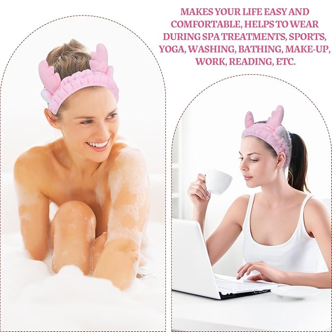 Jowmoy Cute Pink antlers Headband Frog Eye Elastic to Wash Face for Women Makeup Shower Spa.