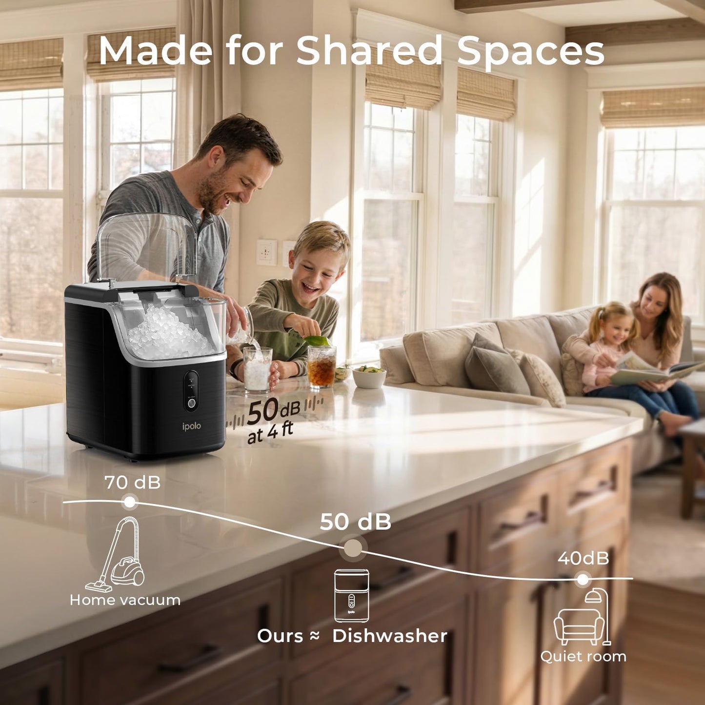 ipolo Nugget Ice Maker Countertop: 33lb/Day, Self-Cleaning, Black Stainless Steel, Portable, Soft Chewable Pebble Ice Machine for Home Kitchen, RV & Office
