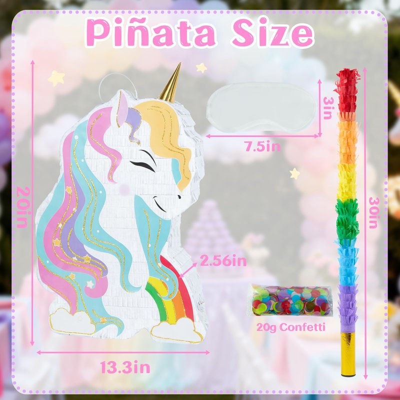 PCFING 20 Inch Unicorn Piñata with 30 Inch Piñata Stick Blindfold Confetti for Boy Girl Fantasy Princess Birthday Party Game Decorations, Anniversary Celebration, Fiesta