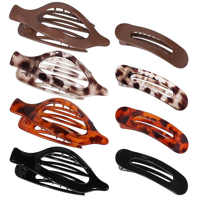 Obeoby 8 PCS Flat Hair Clips for Women, 2 Styles French Flat Claw Clips Hair Accessories Large Medium Barrettes (Tortoiseshell Coffee Black)