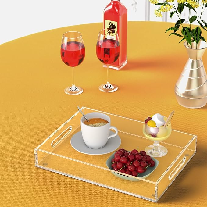 KOTEMON Acrylic Serving Tray with Handles-16x12x2.36Inch-Decorative Tray Letter Tray Organizer for Ottoman Coffee Table Countertop, Clear
