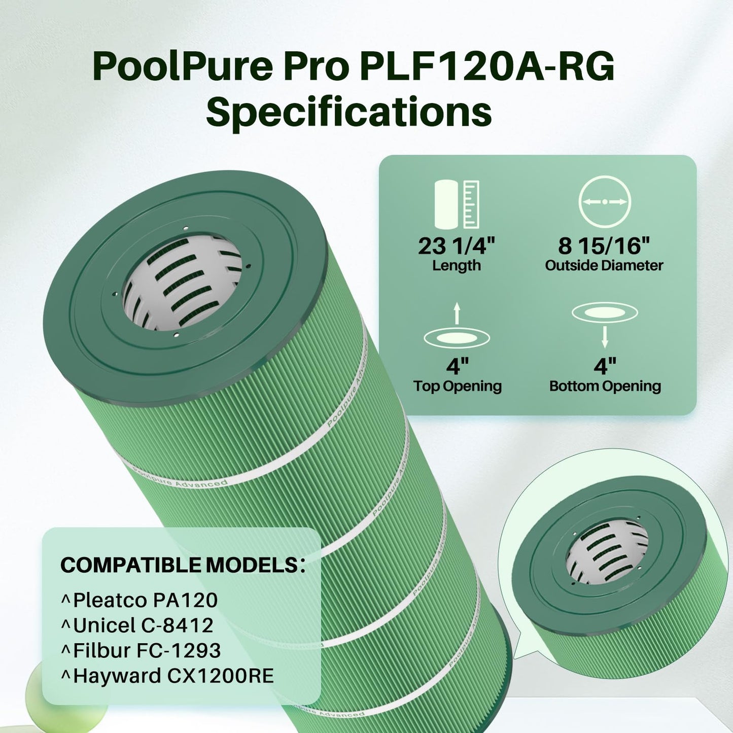POOLPURE PA120 Antimicrobial Pool Filter, Compatible with Hayward C1200, CX1200RE, Pleatco PA120, Ultra-B2, Unicel C-8412, Filbur FC-1293, Clearwater II 125, Waterway Pro Clean PCCF-125