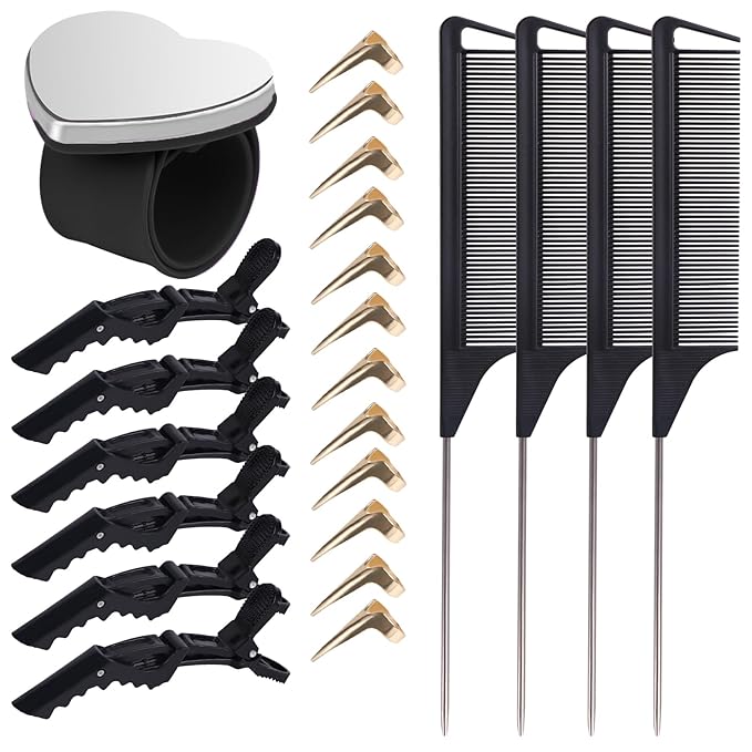 23 Pieces Hair Parting Tools Set, Magnetic Wrist Pin Holder for Braiding, Sectioning Clips, Rat Tail Combs, Hair Parting Rings