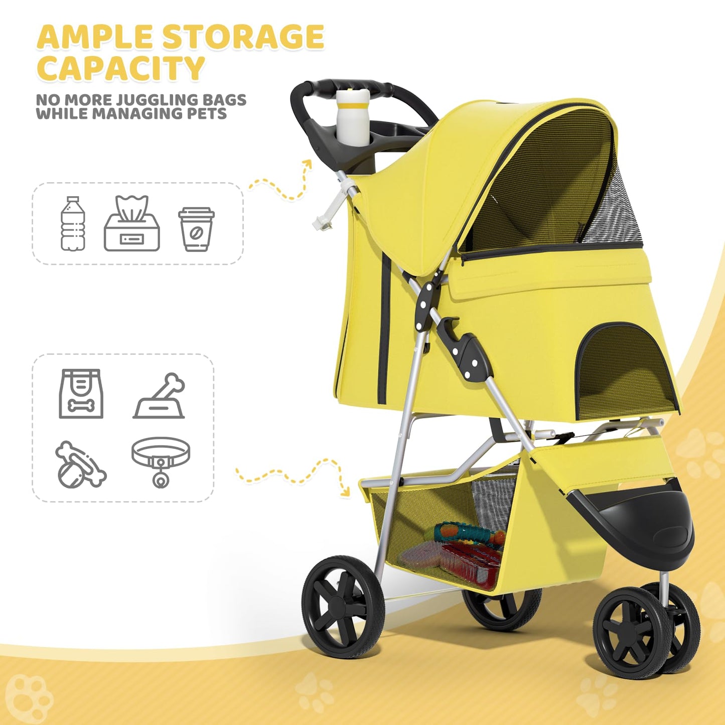 Magshion 3-Wheel Pet Stroller, Foldable Travel Jogger for Small & Medium Dogs & Cats (Up to 33lbs), Lightweight Carrier with Breathable Mesh Cover, Cup Holder & Storage Basket, Yellow