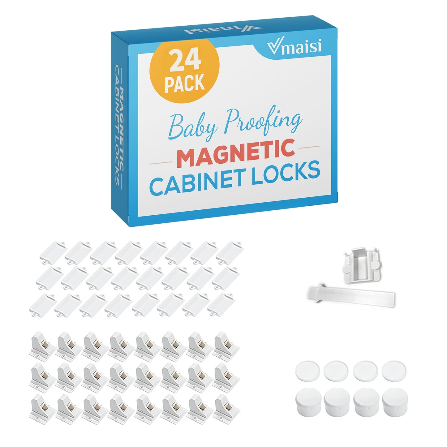 Vmaisi Adhesive Magnetic Locks for Cabinets & Drawers (24 Pack and 4 Keys + Cradle)