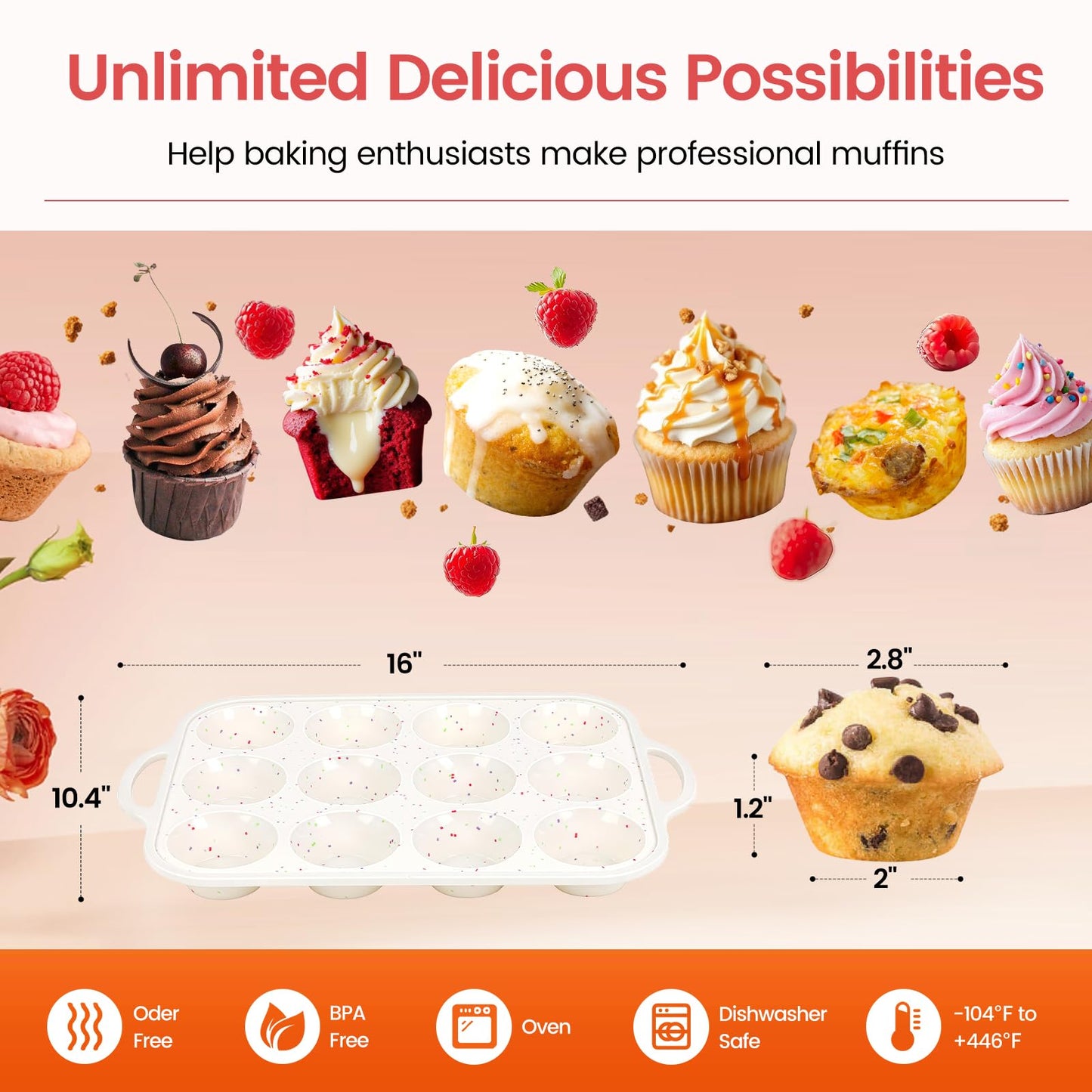Fimary Silicone Muffin Pans for Baking 2 Pack, 2.8 Inch with Metal Reinforced Frame, Regular Size Nonstick Silicone Cupcake Pan 12 Cups for Baking Homemade Muffins, Cupcakes, Dishwasher Safe BPA Free