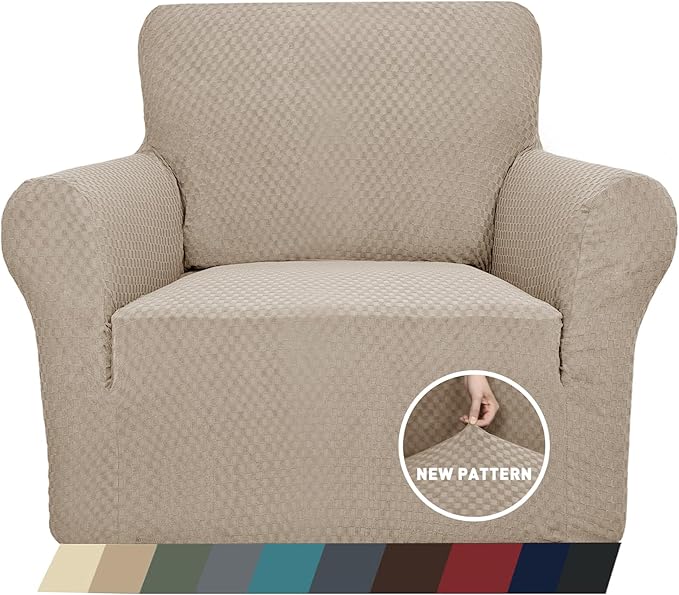 ZNSAYOTX 1 Piece Jacquard Chair Slipcovers for Living Room High Stretch Chair Covers with Arms Anti Slip Pets Friendly Couch Sofa Armchair Cover Furniture Protector (Chair, Khaki)
