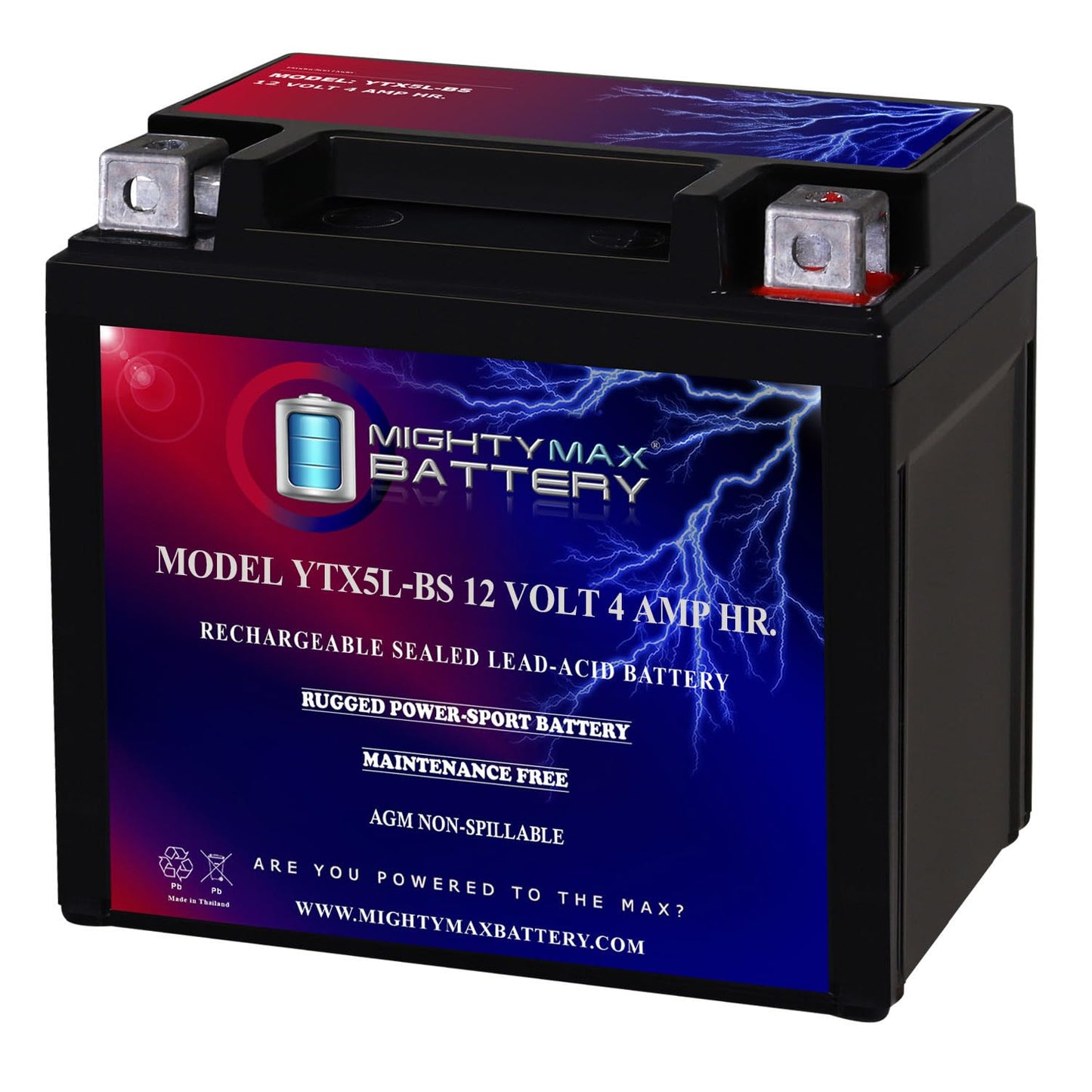 Mighty Max Battery YTX5L-BS -12 Volt 4 AH, 80 CCA, Rechargeable Maintenance Free SLA AGM Motorcycle Battery