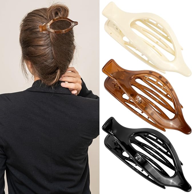 Flat Hair Claw Clips - Women's 3pc French Concord Large Neutral Jaw Clips for Thin/Thick Hair - White, Brown, Black