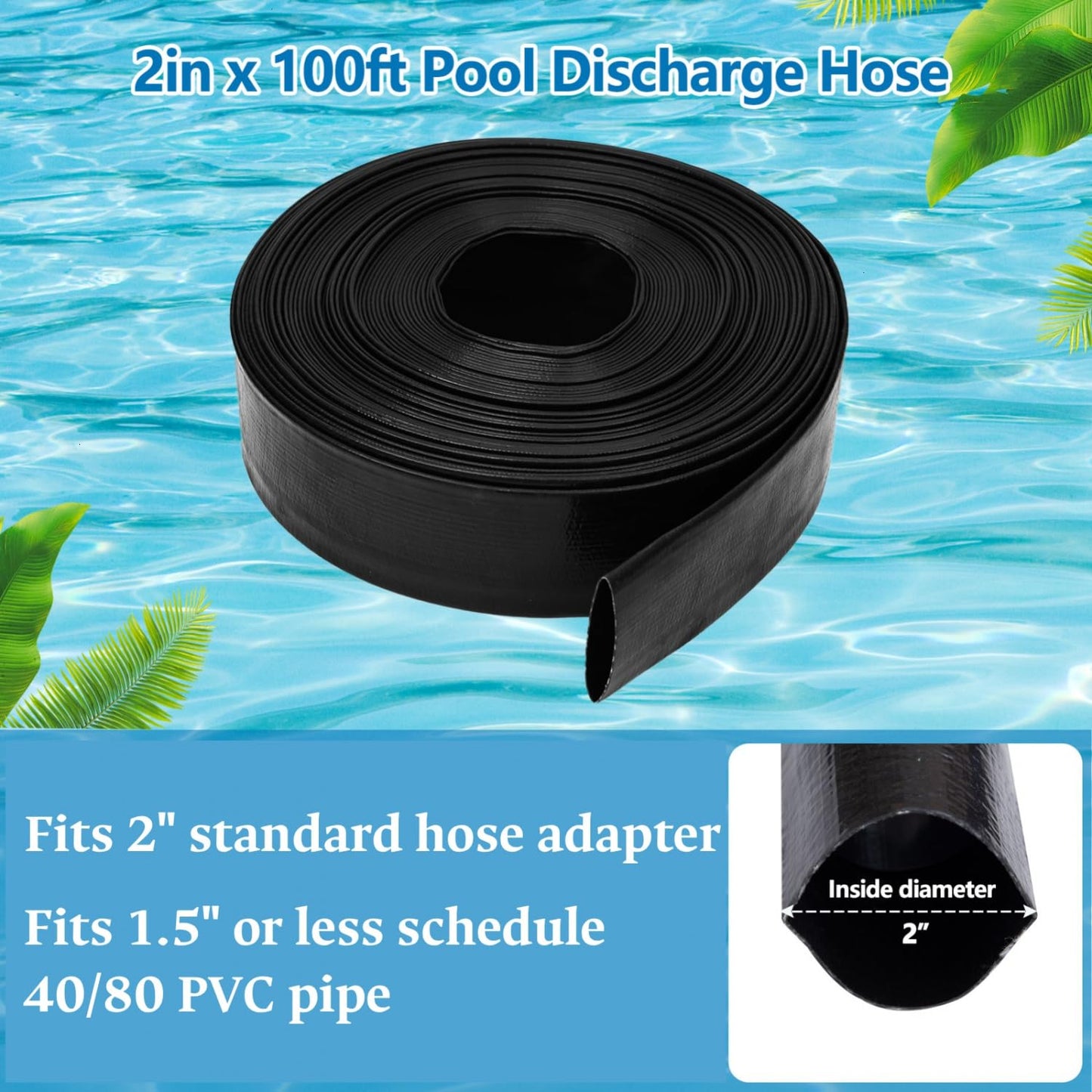 Gonioa 2 inches x 100 FT Heavy-Duty PVC Swimming Pool Backwash Hose, Reinforced Discharge Hose with Clamp for Swimming Pools, Black