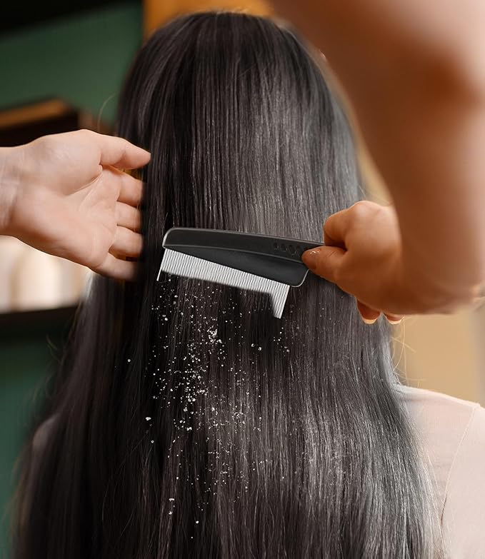 Dandruff Comb Fine Tooth Scalp Detox Comb Lice for Women, Men & Kids Stainless Steel Scalp Detoxing, Sweep & Massage Hair Brush Tool for Hair Care (1PC Black)