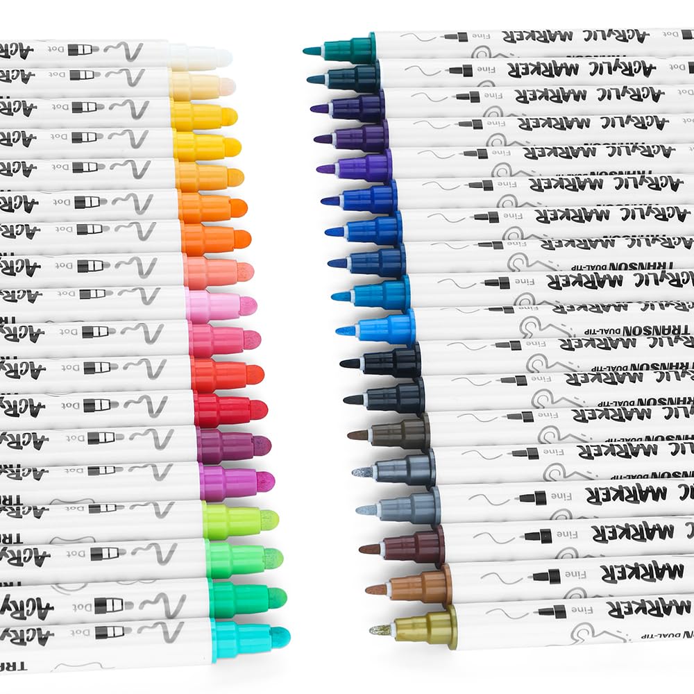 TRANSON 36 Color Bold and Fine Dual-tip Acrylic Paint Pen Set for Canvas Rock Wood Leather Ceramic DIY Painting