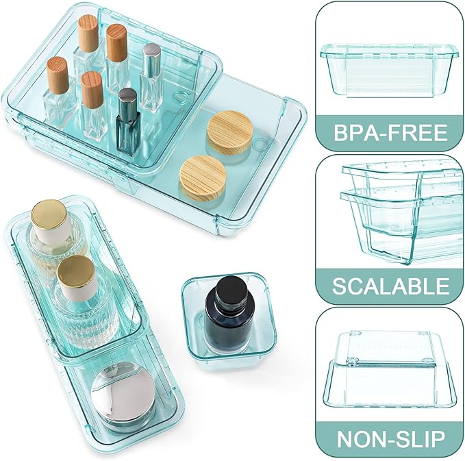20 Pcs Clear Drawer Organizer, Adjustable Drawer Storage Box, 3-Size Desk Drawer Organizer, Acrylic Storage Bins for Makeup, Kitchen Utensils, Bedroom Dressers Tool Organizer for Gadgets, Blue