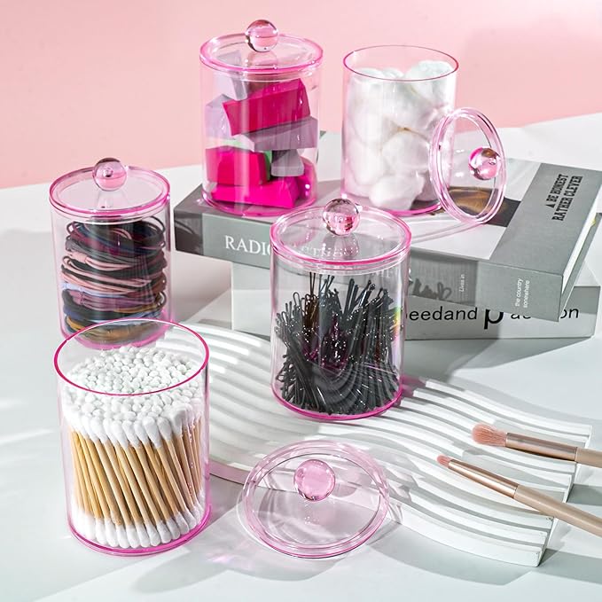 XIPENGKEJI 4 Pack Qtip Holder,Canister Apothecary Jar Set, Bathroom Jars with Lids Set for Cotton Swabs, Balls, Pads, Floss Picks,10oz-12oz Plastic Canisters Restroom Bedroom Vanity Organizer(Pink)