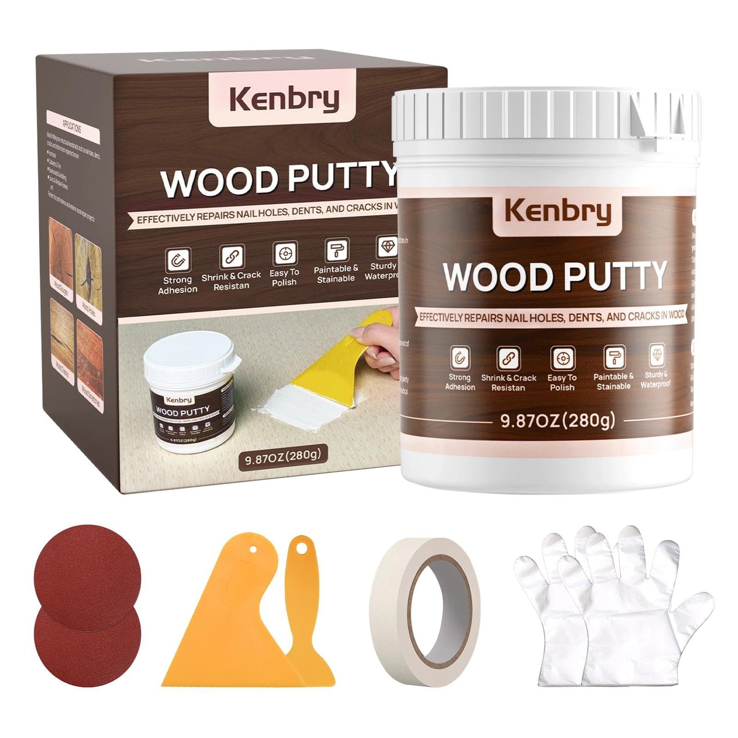 Wood Putty, White Wood Filler Paintable Sandable Stainable for All Purpose, 9.87OZ Wood Filler Putty for Furniture, Cracks, Holes Repairs, Water Resistant for Indoor and Outdoor Use