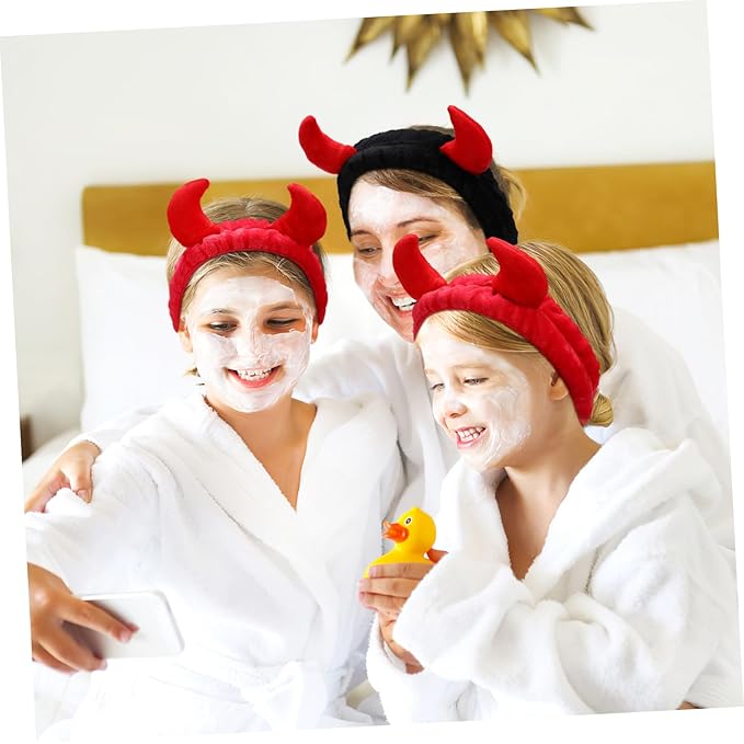 Beaupretty 2 Pack Spa Headband for Women, Devil Horns Facial Headband for Face Wash & Makeup, Soft Hair Band (Black, Red)