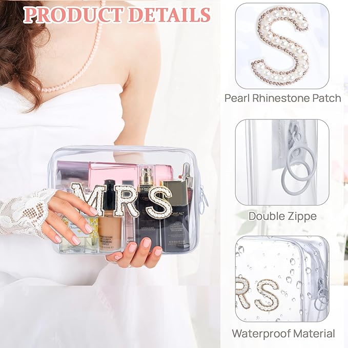 Etercycle MRS Clear Cosmetic Bag, Bachelorette Gifts for Bride Makeup Bag, Portable PVC Travel Toiletry Bag Bling Pearl Rhinestone Patch Letter Bags for Engagement Party Women Wedding Bridal (Gold)