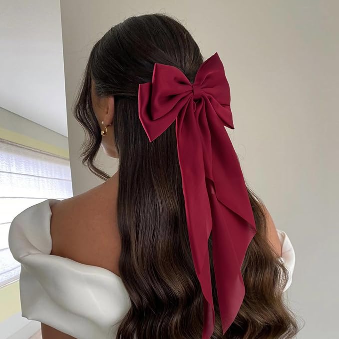6Pcs Large Bows Hair Clips for Women Girls Long Tail Hair Ribbon Silky Satin Barrettes Coquette Hair Bows Accessories (Dark Red)
