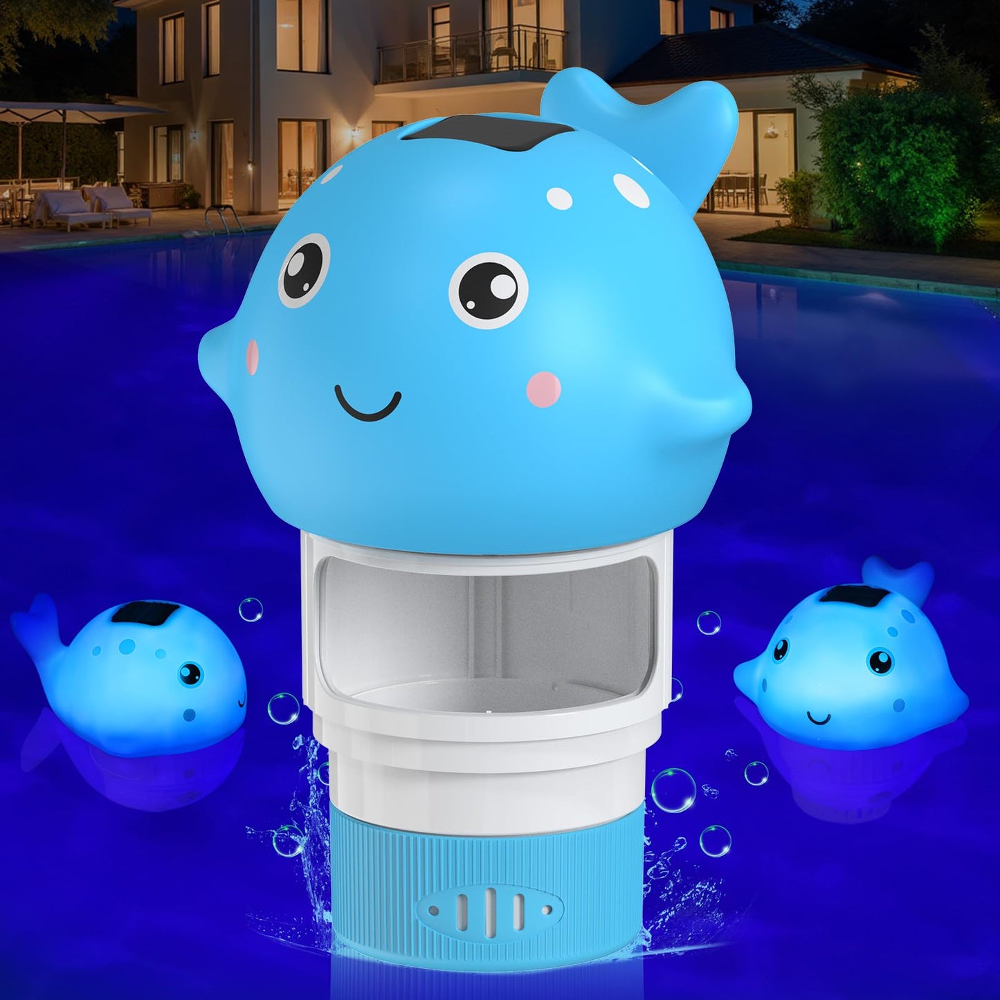 Blufree Pool Chlorine Floater, Solar Chlorine Tablet Floater w/Adjustable Release, Glow in The Dark Large Capacity Whale Floating Chlorines Dispenser for Pool Hot Tub Spa Fits 3 Inch Tabs
