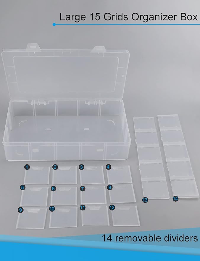Hlotmeky Plastic Organizer Box with Dividers - Bead Organizer, 15 Large Grids, Clear Snack Box Container